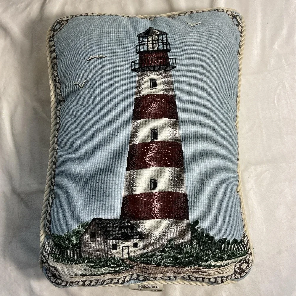 Woven Lighthouse Ropes Sea Shore Blue Tapestry Pillow 17
